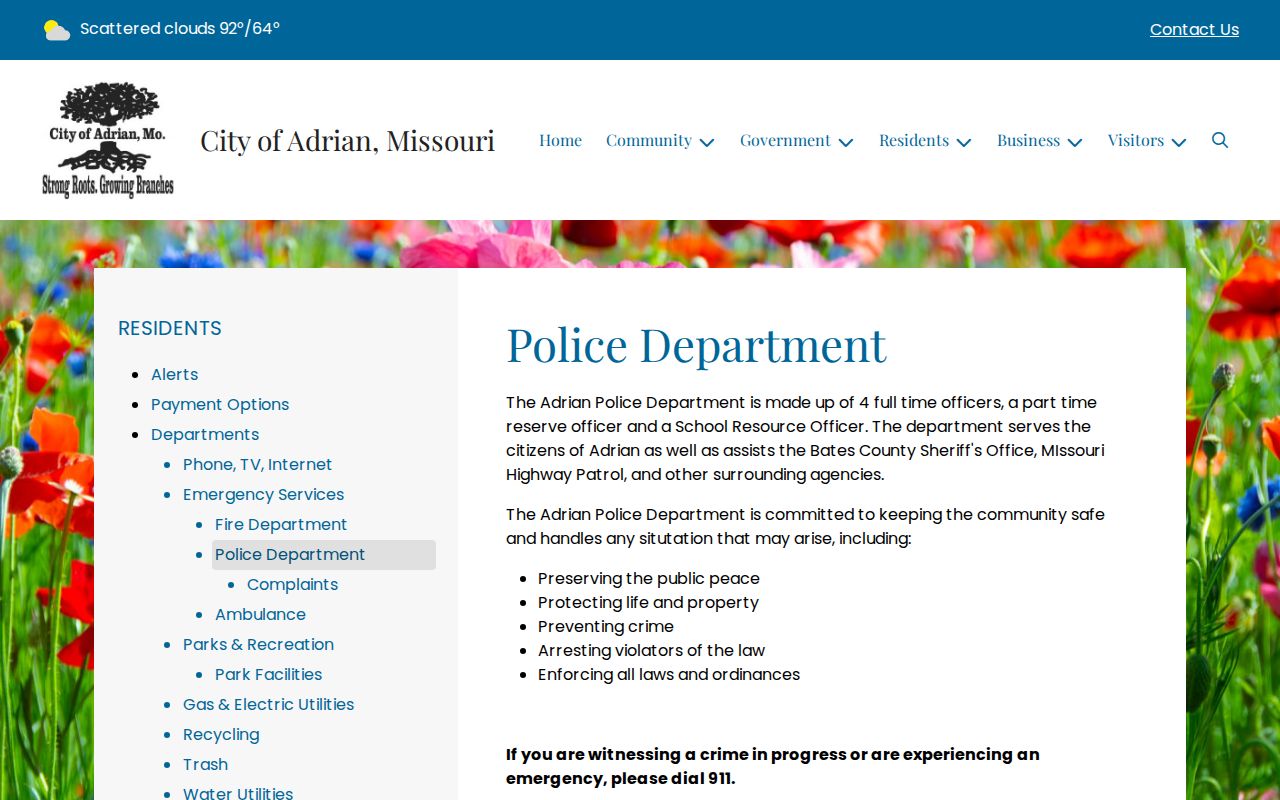 Adrian Police Department official page for Bates County arrest record requests