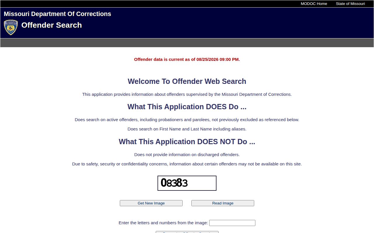 Missouri Department of Corrections offender search interface