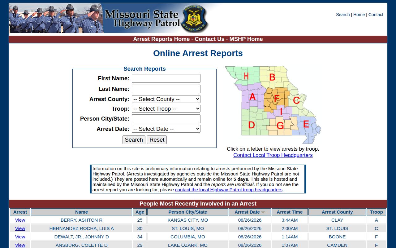 Missouri State Highway Patrol arrest report search for Bates County